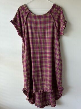 Given Kale 100% Cotton Midi Hi-Lo Dress Plaid Ruffle Tan Red Blue S